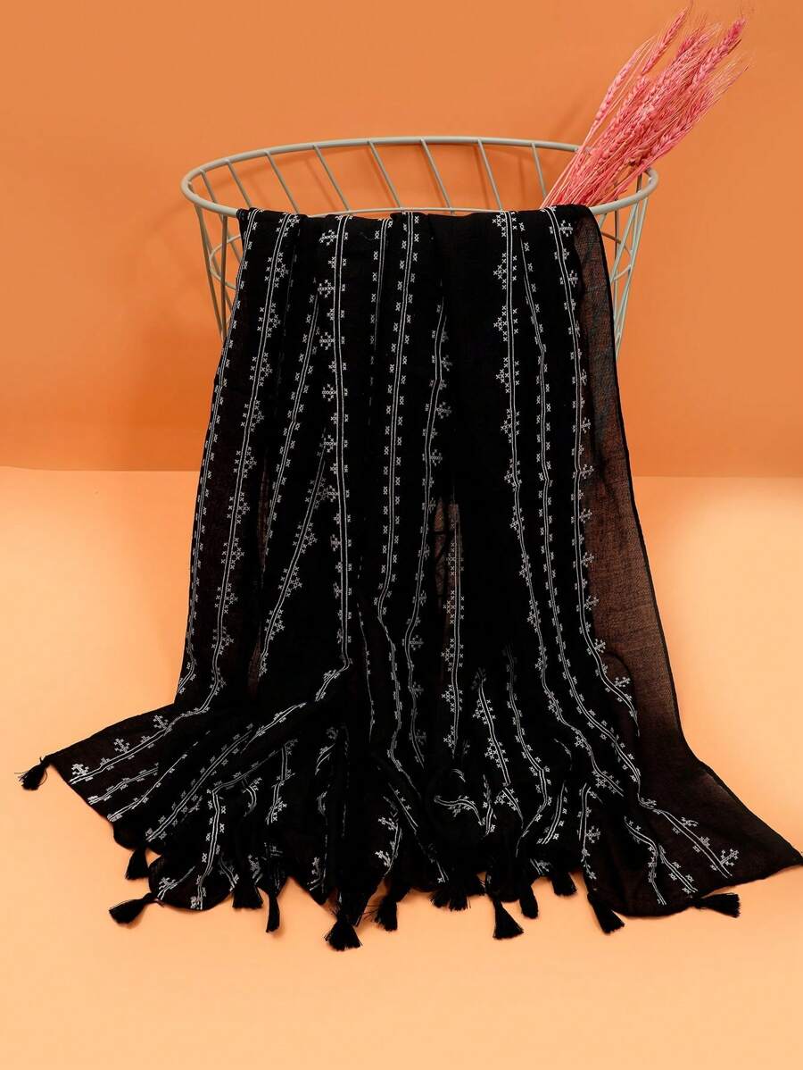 1 Nữ Họa Tiết Sọc Tua Rua Viền Boho Hijab Cho Cuộc Sống Hàng Ngày - Bụi hồng - Xem 1