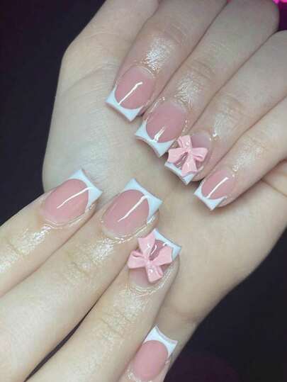 24 piezas de uñas francesas Y2k en forma de ataúd con diseño de lazo rosa en 3D, estilo autoadhesivo, longitud corta para uso diario, adecuado para suministros de uñas de mujeres y niñas uñas falsas uña falsa uña acrílica