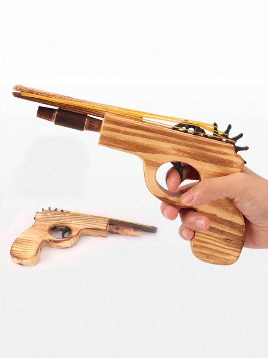 1pc Wooden Double-Barrel Rubber Band Gun With Short Wooden Handle - Multicolor - View 1