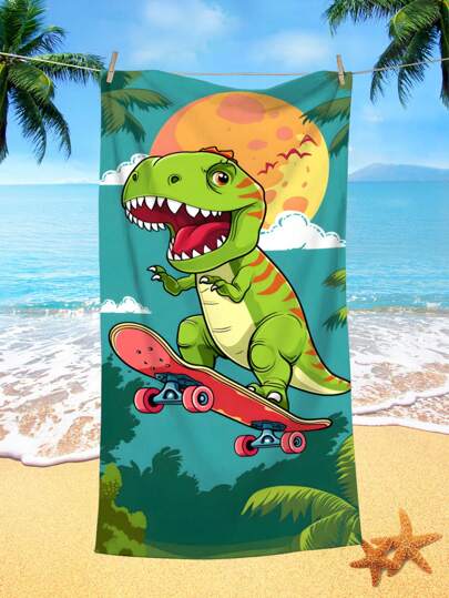 1pc Cartoon Dinosaur Pattern Beach Towel, Superfine Fiber Printed Quick-Dry Bath Towel For Swimming, Vacation, Travel, Outdoor Camping Summer Travel, Vacation Holiday Bathroom Decor Beach Essentials