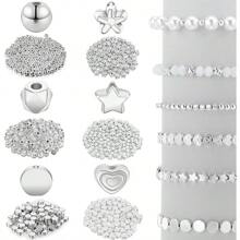 600粒間隔珠套裝,星型珠子、圓珠、rondelle切面珠、心形珠、花形珠、扁平圓盤珠及鬆散珠,適合製作手鍊、耳環、項鍊等首飾（白色k顏色）