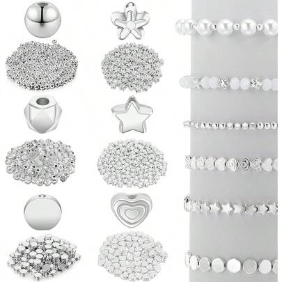 600粒間隔珠套裝,星型珠子、圓珠、rondelle切面珠、心形珠、花形珠、扁平圓盤珠及鬆散珠,適合製作手鍊、耳環、項鍊等首飾（白色k顏色）