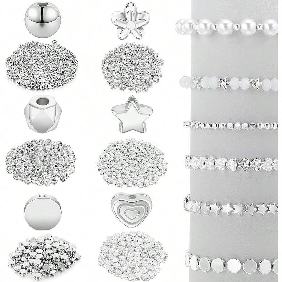 600粒間隔珠套裝,星型珠子、圓珠、rondelle切面珠、心形珠、花形珠、扁平圓盤珠及鬆散珠,適合製作手鍊、耳環、項鍊等首飾（白色k顏色）