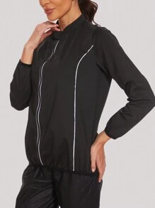 1 件银色拉链长袖撞色条纹运动夹克，健身、户外、减肥、塑身 - 黑色 - 查看 4