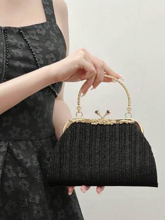 Bolso de mano con asa decorativa de metal SIIZA, bolso de mano/ bandolera de cadena con estilo elegante y brillante para noche/fiesta/viaje