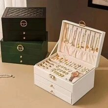 1pc Large-Capacity Three-Layer Jewelry Box, Pu Leather Multi-Functional Jewelry Box, Watch Box With Lock, Storage Box, Ring Earrings Necklace Storage Container - White - View 9