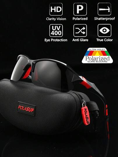 POLASUP 1 件装偏光半框男士户外骑行运动眼镜，带硅胶脚套、柔软鼻托、防风，适合运动和旅行海滩配件眼镜遮阳轻松舒适休闲装户外骑行眼镜适合夏季海滩度假、户外、旅行