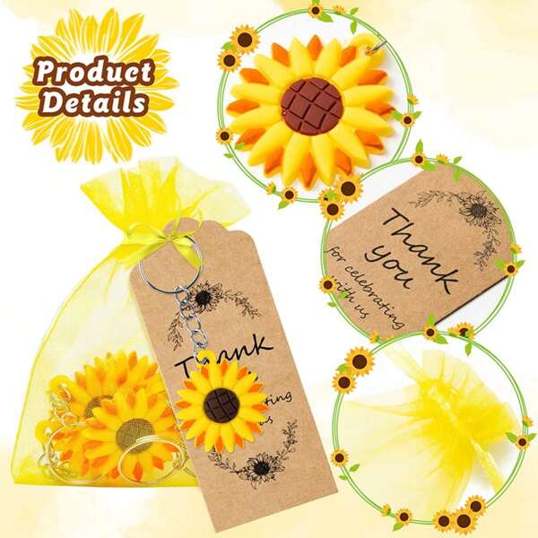 60Pcs Sunflower Party Favors Include Keychains Organza Bags Thank You Kraft Tags, For Thanksgiving Christmas Party Return Gifts,Cutie Sunflower Ornament Keychains Pendants Hanging Return Gifts For Spring Birthday Bridal Wedding