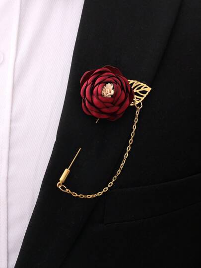 1pc Unisex Bride & Groom Style Chest Flower, Simple Decoration With Wine Red Roses, Chain, Perfect For Wedding, Party, Daily Wear Valentine's Day Valentines