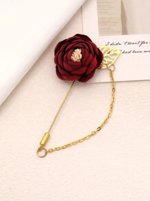 1pc Unisex Bride & Groom Style Chest Flower, Simple Decoration With Wine Red Roses, Chain, Perfect For Wedding, Party, Daily Wear - A - View 2