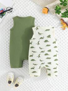 Ensemble de 2 pièces de vêtements pour bébé garçon, combinaison d'été unie + combinaison à dessin de dinosaure mignon, vêtements pour bébé rampant
