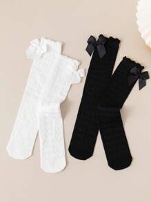 2双儿童蝴蝶结装饰提花泡泡嘴过膝直筒袜 - 彩色 - 查看 3