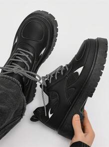 復古圓頭厚底男士正式鞋,系帶增高鞋,適用於派對、時尚英式風格,低幫男士休閒皮鞋 - 黑色 - 查看 7