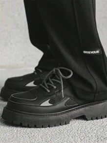 復古圓頭厚底男士正式鞋,系帶增高鞋,適用於派對、時尚英式風格,低幫男士休閒皮鞋 - 黑色 - 查看 8