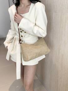 1個手工編織的拼接草編拉鍊手袋，夏季女性手袋，大容量手提袋，是沙灘、夏季女士手袋的理想之選，非常適合旅行、度假和海灘 - 棕色 - 查看 3