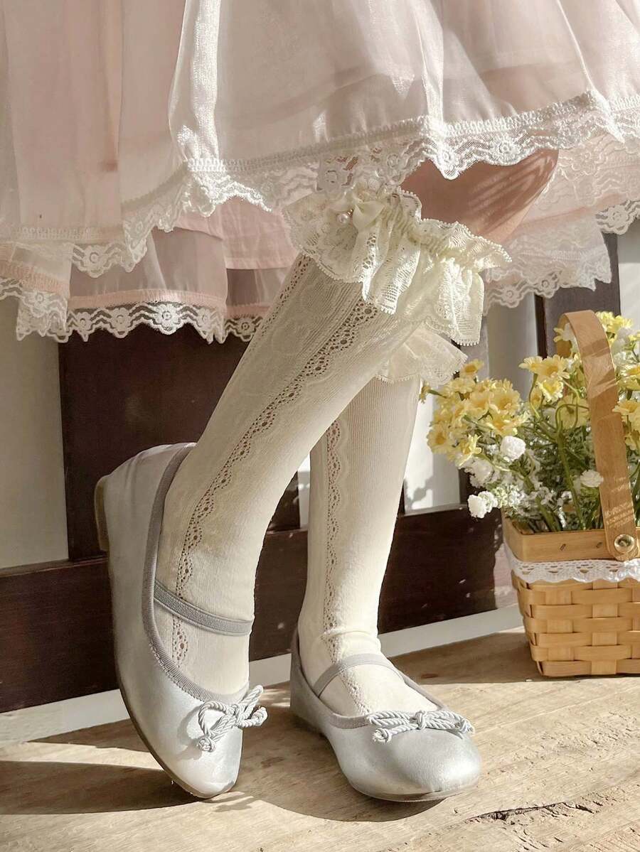 1 Miếng Bé gái Màu be Trang trí ren Vớ giữa bắp chân , Thích hợp Đối với Mặc hàng ngày