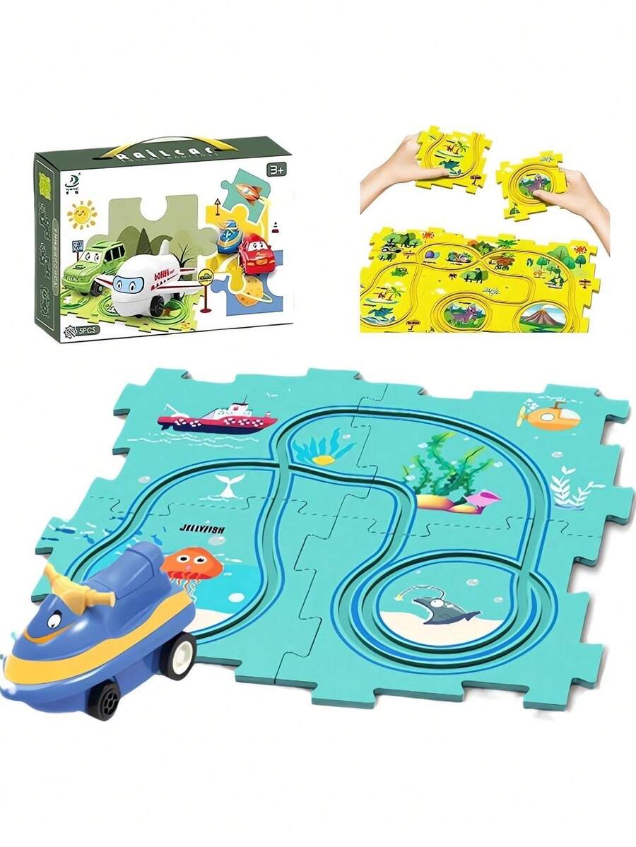 Byson兒童教育拼圖賽車套裝-2024新火車軌道拼圖,電動賽車軌道拼圖套裝,教育玩具車輛地墊恐龍列車玩具拼圖地磚