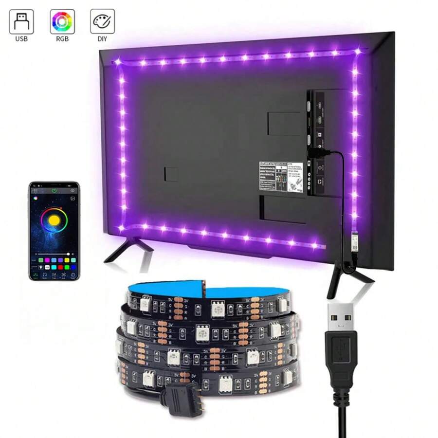 1 Roll Of Wireless Controlled RGB LED Strip Light With Multiple Colors To Choose From,Flexible LED That Can Change Color With Music,USB Powered 30 Leds/M Decorative Lights,Easy To Install,For TV And Computer Backlight Decoration (Without Remote Control,Scan The QR Code On USB To Download The App) - Color - View 1