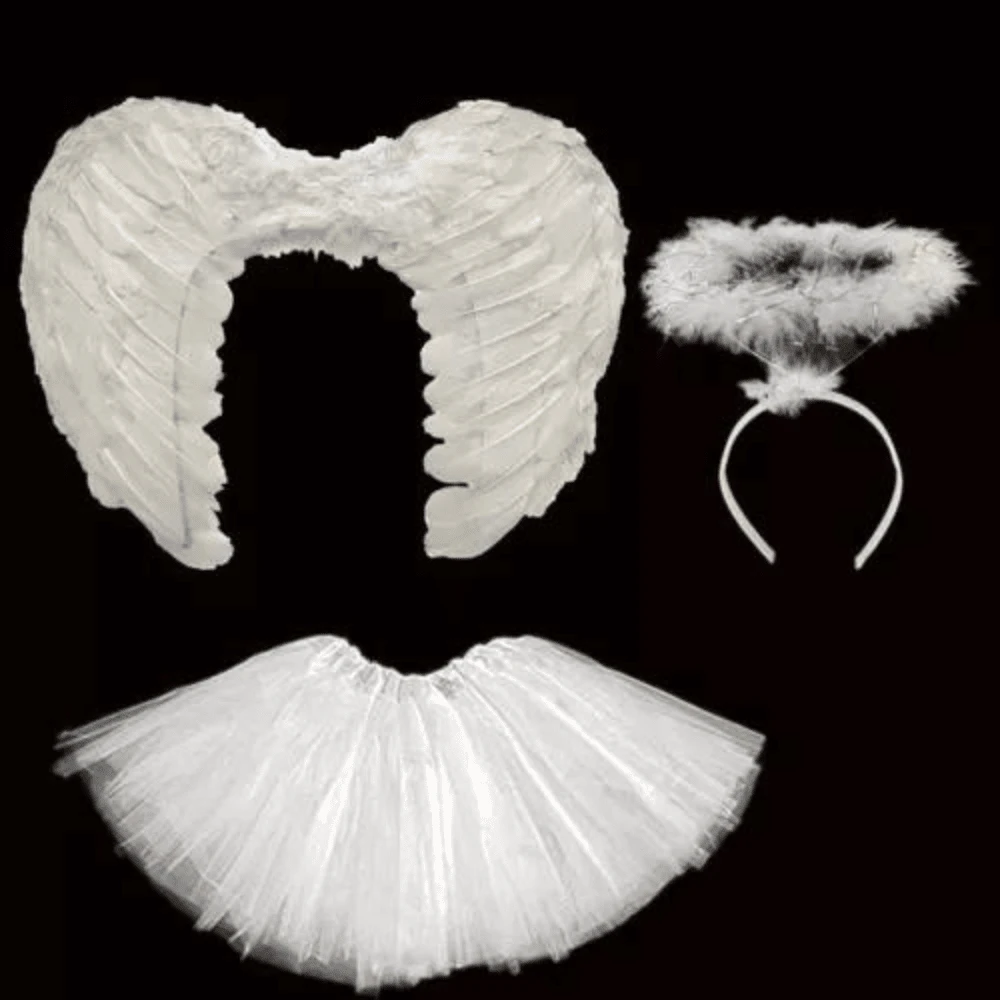 Roupa de anjo Fantasia Anjinho Preto ou Branco Asa tiara Saia - Branco - Visão 1