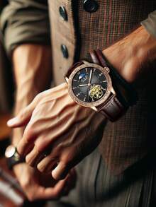 1支男士豪華玫瑰金機械手錶,精緻雕刻皮革錶帶,適用於時尚和商務休閒場合 - 灰色 - 查看 4