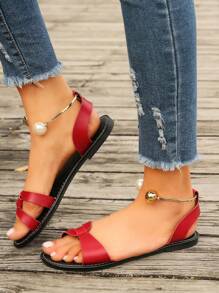 Women Flat Sandals With Beaded Decoration, Low Heel, Fashionable And Versatile For Summer Beach And Casual Wear, Red