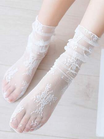 1pair White Mesh Lace Frilly Socks For Women's Cute Jk High Socks Thin Summer Breathable Retro Black Fishnet Stockings
