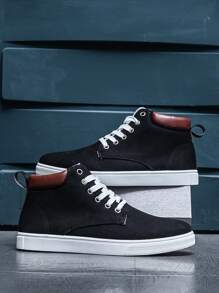 Men's Fashionable Simple & Comfortable Casual Sports Sneakers, Student Slip-Resistant Four Seasons All-Match Style Casual Sports Sneakers, High-Top & White Sneakers - Black - View 3