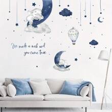 BRUP Cartoon Cute Elephant Sleeping On The Moon Balloons Wall Stickers For Bedroom Living Room Nursery Decoration Wall Decals Wall Decor Room Decor Personalised Stickers