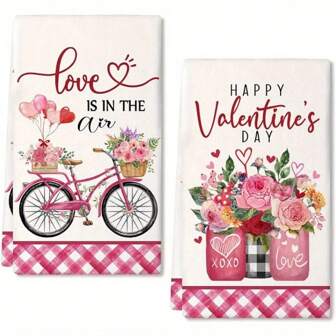 2PCS Wedding Kitchen Towels Set Of 2,Pink Flower Vase Happy Valentine's Sign Dish Towels 18x26 Inch Drying Dishcloth,Farmhouse Home Wedding Decoration