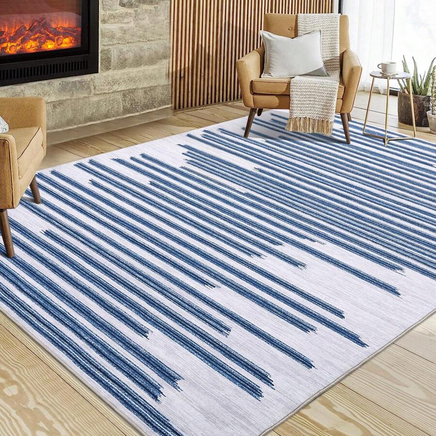 Washable Living Room Area Rug Indoor Modern Abstract Rugs Soft Non Slip Large Rugs For Bedroom Dining Room Low Pile Geometric Throw Carpet Rug Foldable Thin Rug With Stripped Lines Pattern Non Shedding Home Decor Mat For Laundry Bathroom Contemporary Kitchen Rugs - Blue - View 1