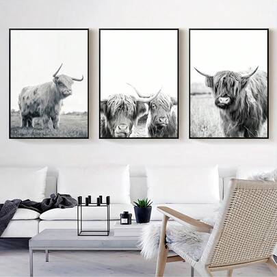 3pcs/Set Black And White Highland Cow Canvas Wall Art, Finished Product, Highland Cow Canvas Art, Wall Art, Rural Farmhouse Cow Wall Decoration, Black And White Animal Pictures, Free Highland, Vintage Western Home Decor , Cottagecore Posters For Room, Funny Wall Decor , Room Decor Aesthetic, Room Decoration Stuff