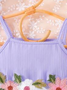 年轻女孩夏季无袖细肩带精致刺绣网眼撞色时尚连衣裙 - 紫色 - 查看 3