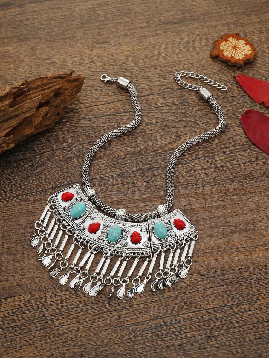 Retro Dài Sọc Dây chuyền Đối với phụ nữ , Ngắn Xương quai xanh Chuỗi Thời trang Phụ kiện Áo len Chuỗi - Đầy màu sắc - Xem 1