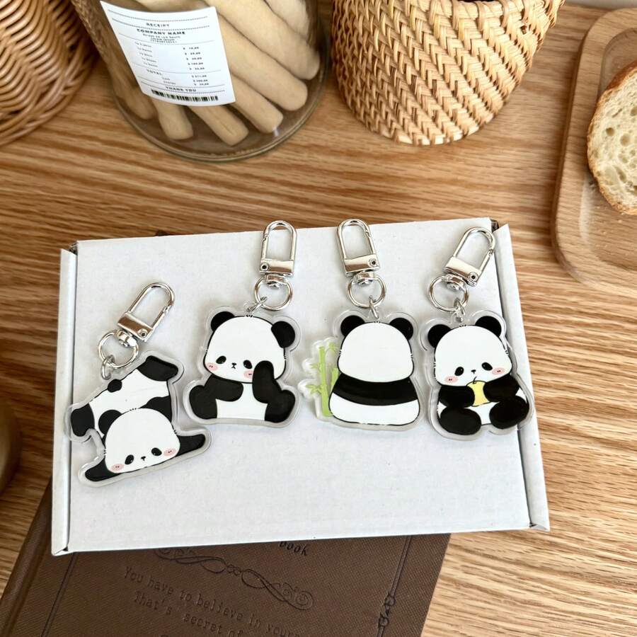 4PCS Cute Cartoon Panda Keychain Headphone Bag Pendant Bag Key Chain Doll Acrylic Key Car Keyring Best Friend Gift - Black - View 1