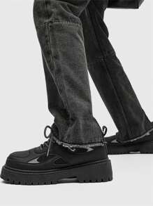 復古圓頭厚底男士正式鞋,系帶增高鞋,適用於派對、時尚英式風格,低幫男士休閒皮鞋 - 黑色 - 查看 4