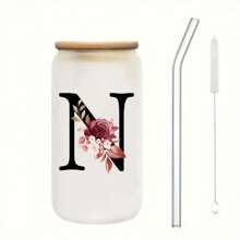 1個磨砂玻璃花卉字母A-Z咖啡杯，附竹蓋與吸管 - 16盎司 - 生日、聖誕節、感恩節送給女性、媽媽、好友、新娘、伴娘的禮物 - 辦公室與居家使用，開學季 - 字母花 - 查看 13
