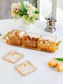 1pc Grid Design Candy Box With Lid And Tray, Dustproof Plastic Cream-Colored Fruit Tray For Living Room Coffee Table, Snacks & Dry Fruits Platter - Champagne - View 9