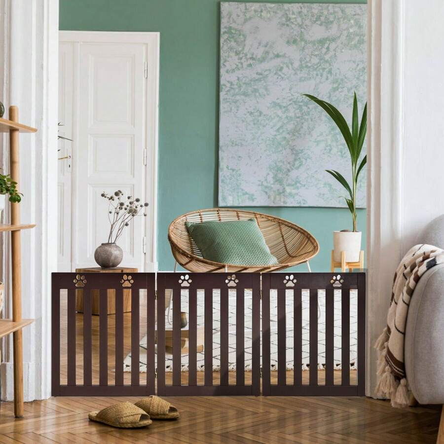 24 Inch Folding Wooden Freestanding Dog Gate With 360° Flexible Hinge For Pet - Nâu sẫm - Xem 1