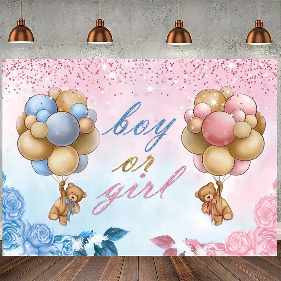 1 Peça, Decoração de Revelação do Sexo do Bebê, Pano de Bottom de Balão de Urso, Chá de Bebê de Aniversário de Urso Cenário Rosa e Azul para Cabine Fotográfica, Decoração de Festa de Revelação do Sexo, Suprimentos para Festa Menino ou Menina, Decoração de Quarto 150cm*100cm/59 in*39 in, Natal - Multicolorido - Visão 1
