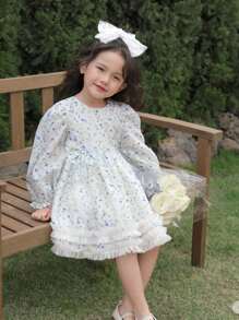 年輕女孩清新花卉印花連衣裙 - 藍白色 - 查看 4