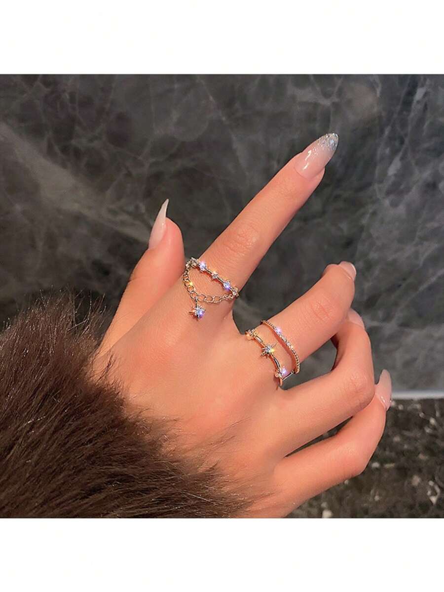 1pc New Fashion European & American Style Geometric Chain Ring Six-Pointed Star Design Adjustable Open Ring - Silver - View 1