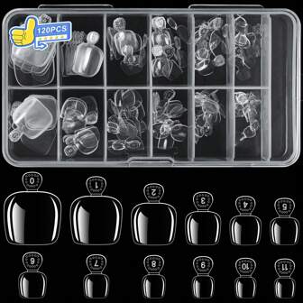 120pcs/Set Clear Square Press On False Nail Tips For Manicure/Pedicure With 12 Size Soft Gel Acrylic Artificial Nails Suitable For Salon And Diy Nail Supplies