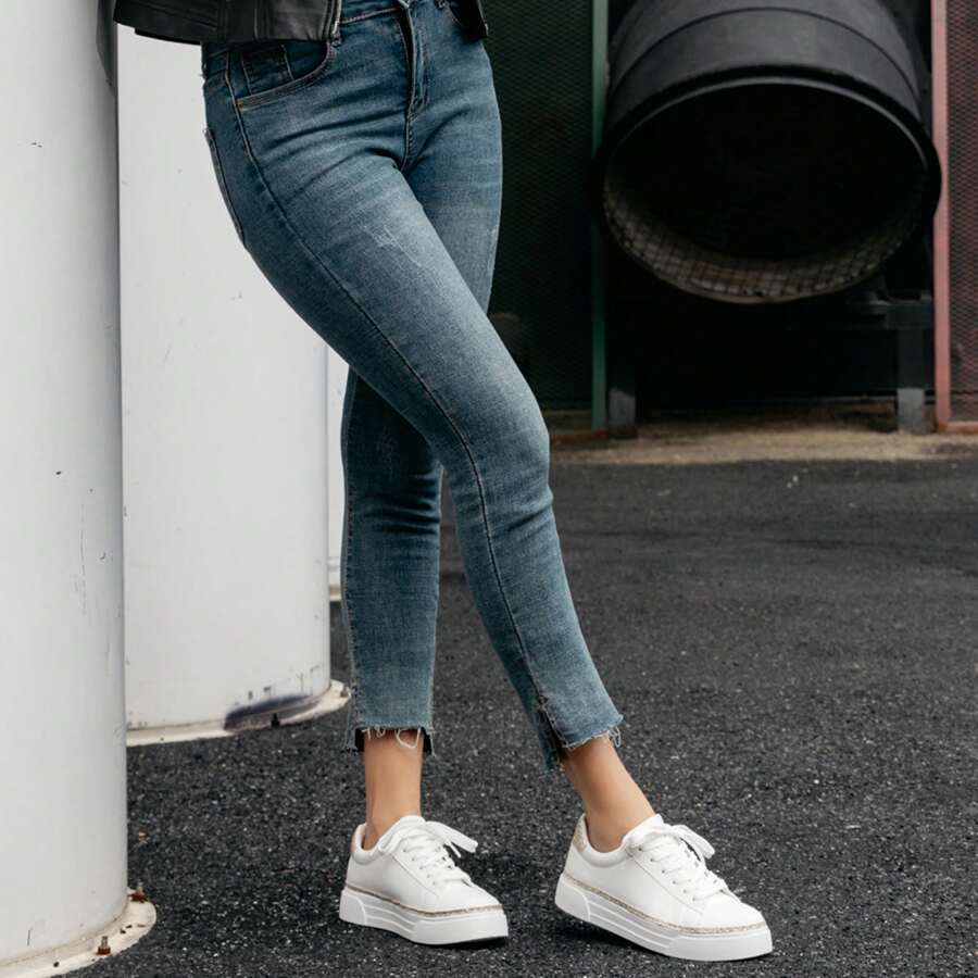 Women Fashion Sneakers White Platform Sneakers Lace Up Comfortable Tennis Shoes Casual Walking Shoes - 金色 - 查看 1