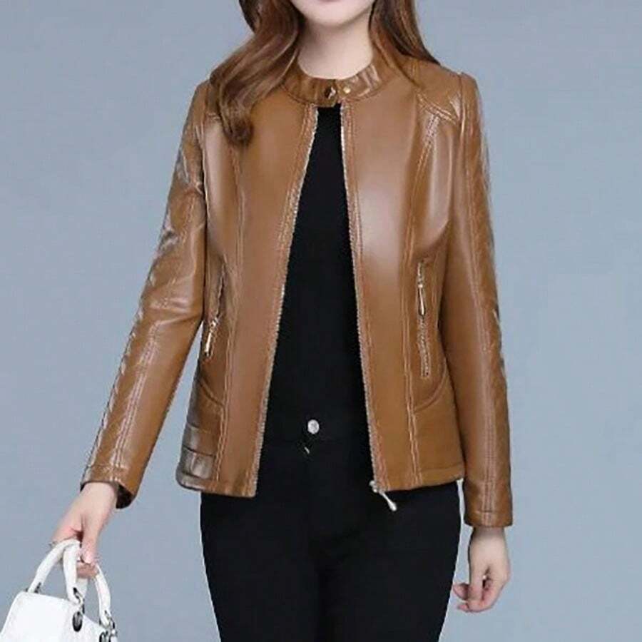 Chaqueta Cortavientos De Piel Para Mujer - Marrón - Ver 1