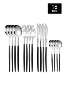 4pcs/16pcs/24pcs/32pcs Stainless Steel Cutlery Set, Knife Fork Spoon Set, Suitable For Home Kitchen, Restaurant, Hotel Kitchen Utensil Set - Silver+Black - View 15