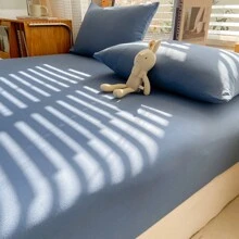 1pc New Cloud Design Solid Color Fitted Sheet, Soft Macaroon Color, 30cm/11.8in Fitted Sheet Drop, Fresh Bedding, 9 Size Options - Sapphire Blue - View 12
