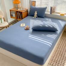 1pc New Cloud Design Solid Color Fitted Sheet, Soft Macaroon Color, 30cm/11.8in Fitted Sheet Drop, Fresh Bedding, 9 Size Options - Sapphire Blue - View 5