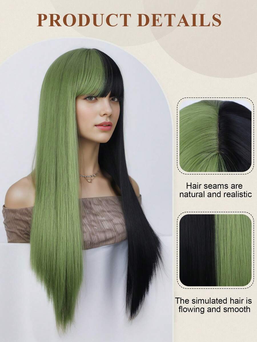 Half Black Half Green Wig Long Straight Hair With Bangs Cosplay Natural