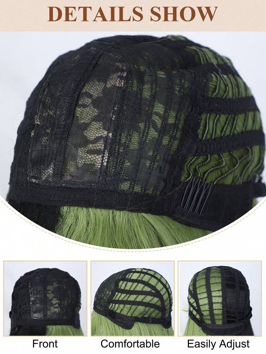 Half Black Half Green Wig Long Straight Hair With Bangs Cosplay Natural