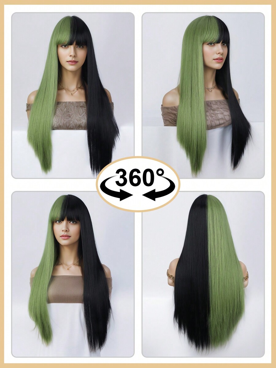 Half Black Half Green Wig Long Straight Hair With Bangs Cosplay Natural